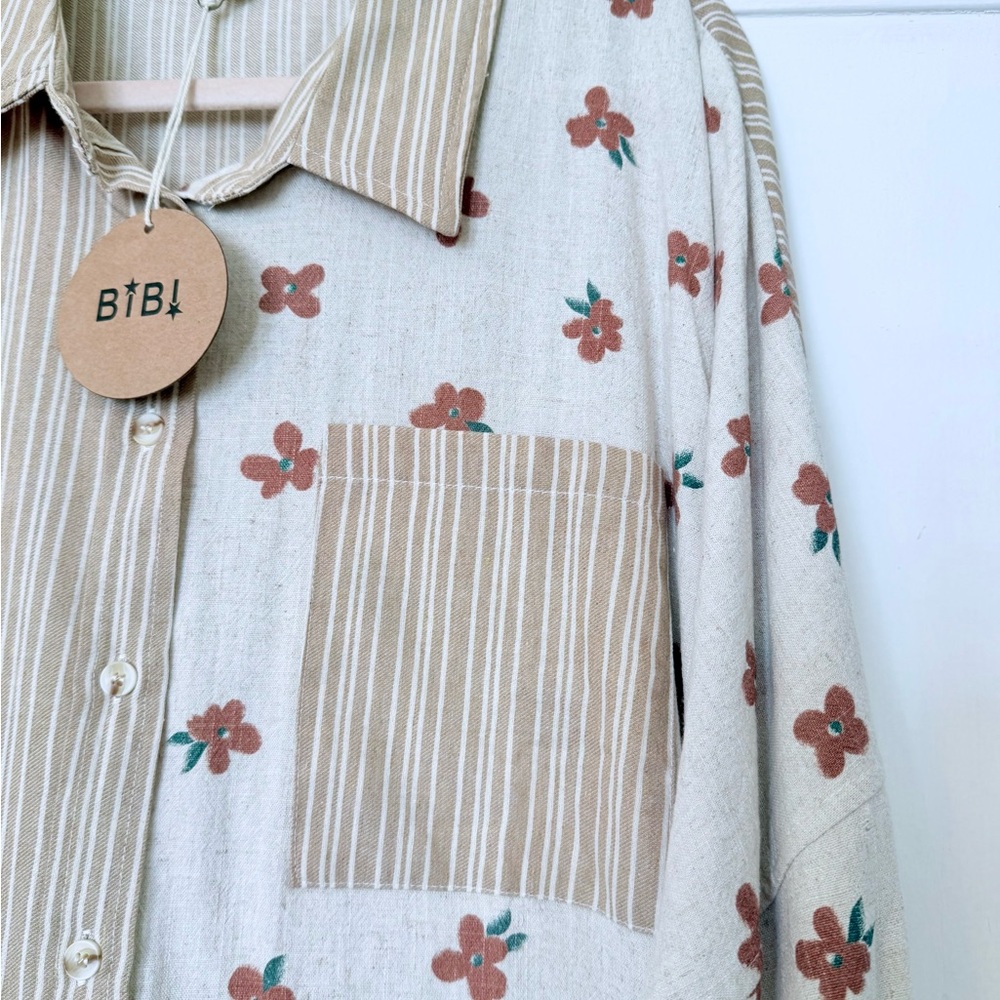 ❌SOLD❌BiBi Beige and Brown Striped Shirt - Picture 4 of 8